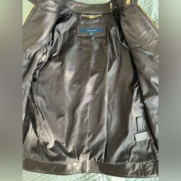NWOT $495 Cole Haan Black Lambskin Leather Moto Zip Jacket Medium - Picture 10 of 16